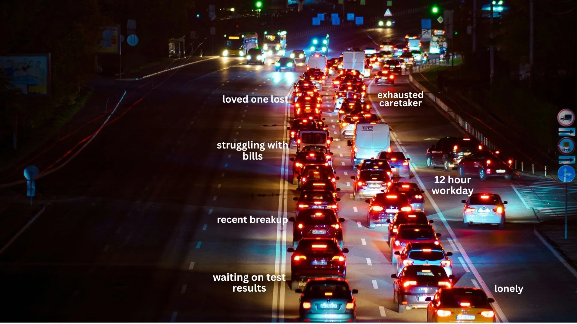 image of cars driving down the highway with people experiencing their own difficult seasons of life, particularly when holidays are hard or don't look joyful and feel overwhelming or sad