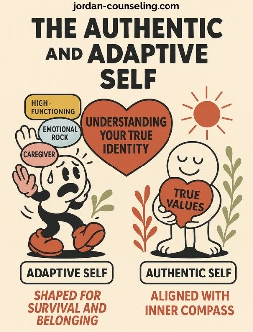 online counseling in texas graphic to describe how individual therapy, couples therapy, and family therapy are impacted through identity and authenticity