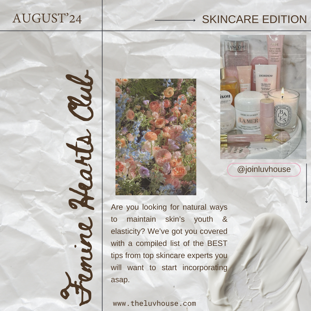 Skincare edition advertisement featuring a floral arrangement, a collection of skincare products, and a dollop of cream with crinkled paper background.