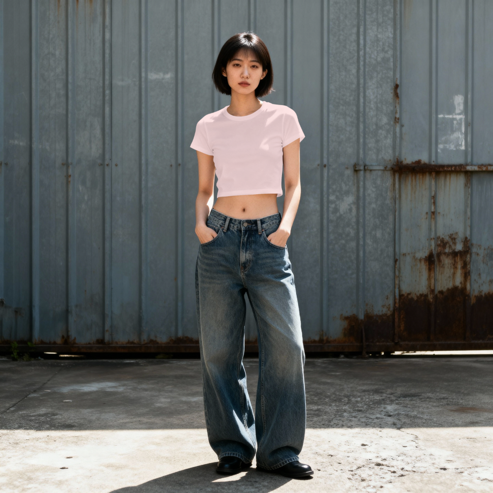 Crop top T-shirt, Pink Pride 100% Cotton Woman wearing a crop top t-shirt in a metal industrial warehouse with blue baggy jeans 