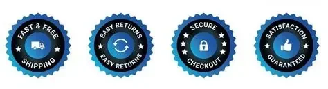 Four circular badges with icons and text: first badge says 'FAST & FREE SHIPPING' with a truck icon, second says 'EASY RETURNS' with a circular arrow icon, third says 'SECURE CHECKOUT' with a lock icon, and fourth says 'SATISFACTION GUARANTEED' with a thumbs-up icon.