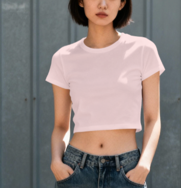 Women wearing a Powder Pink Crop top tee by Pound Brands, Basic Plane Short Tee shirt made from 100% ring spun cotton from bangladesh.