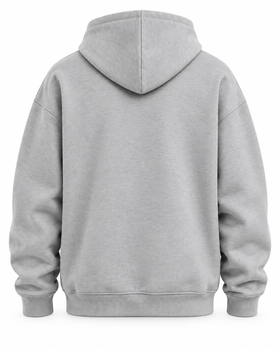 Back view of a plain light gray hoodie with a hood and long sleeves.