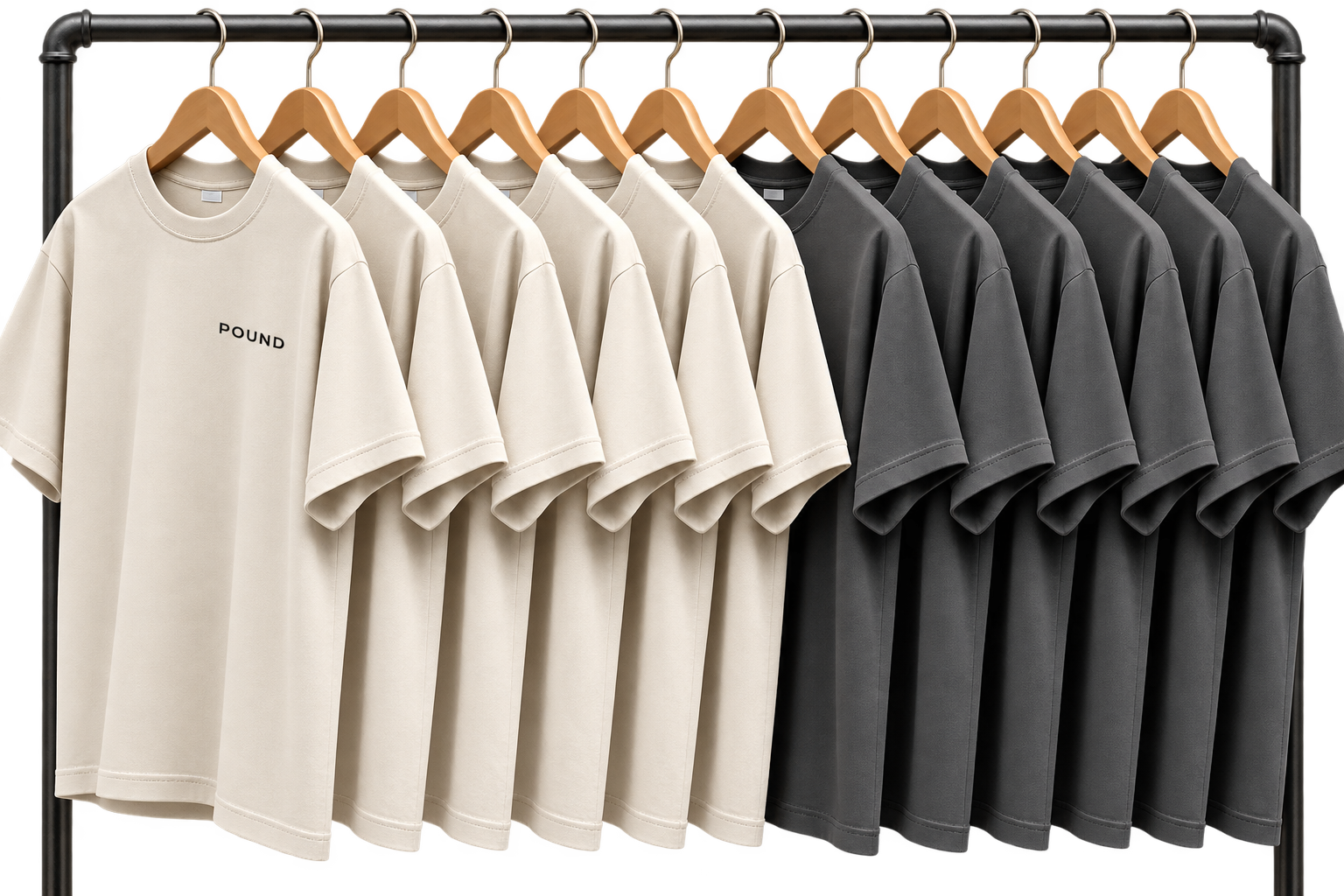 Multiple white and black T-shirts hanging on a black clothing rack, with the word 'POUND' printed on the white shirt.