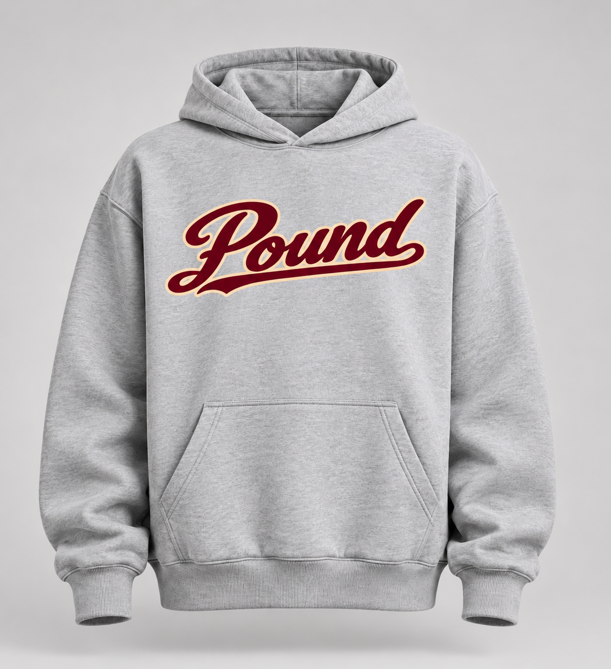 A light gray hooded sweatshirt with the word "Pound" written across the chest in maroon and cream lettering.