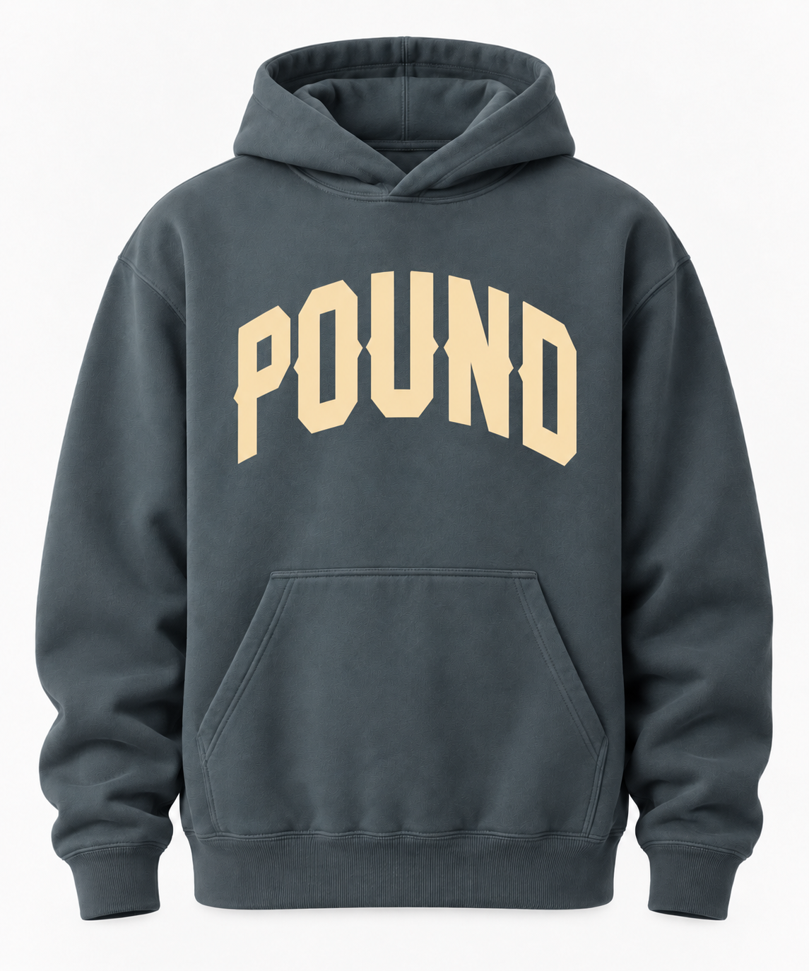 Gray hoodie with the word 'POUND' in large beige letters on the front.