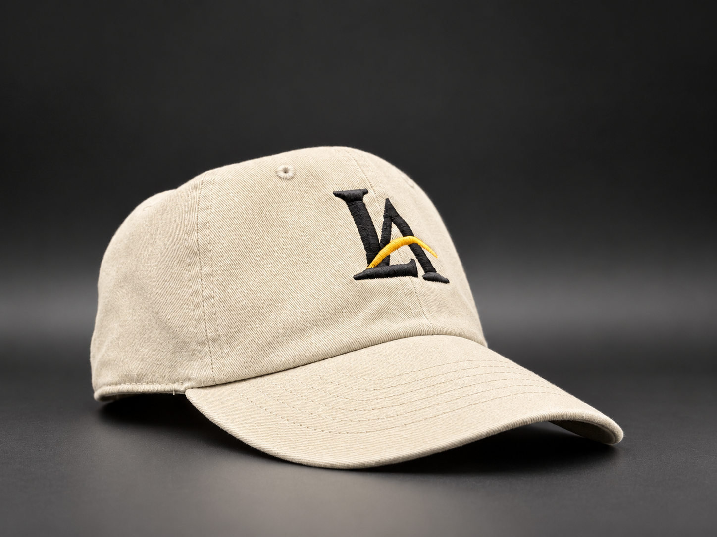 POUND LA Dad Hat Adjustable Metal Buckel Strap Beige Cotton Baseball Cap Black Gold Logo Adjustable