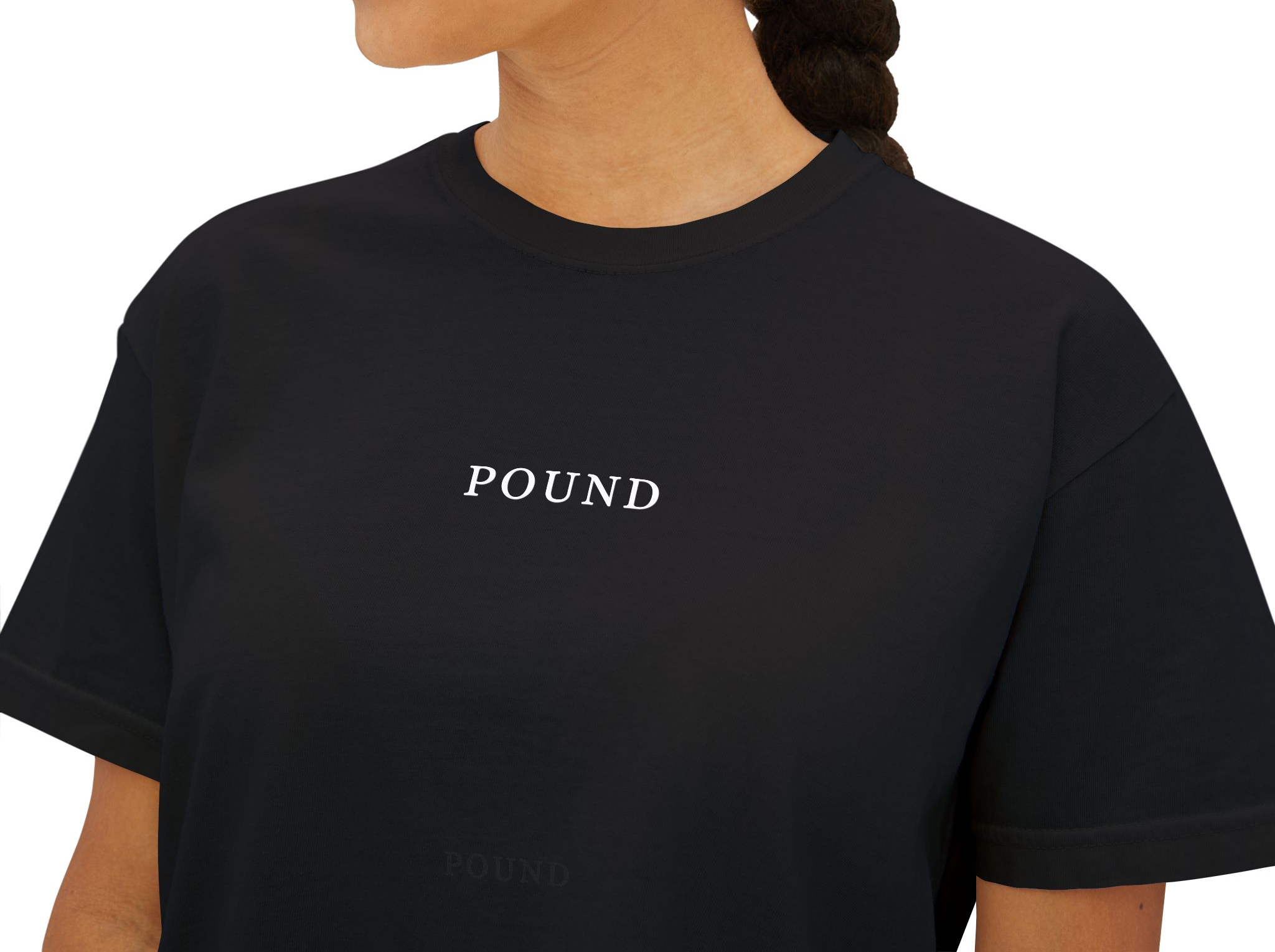 women wearing a black box tee made from comfort colors 1717 made 100% Cotton fabric. white minimalist POUND in 3 inches across center chest  