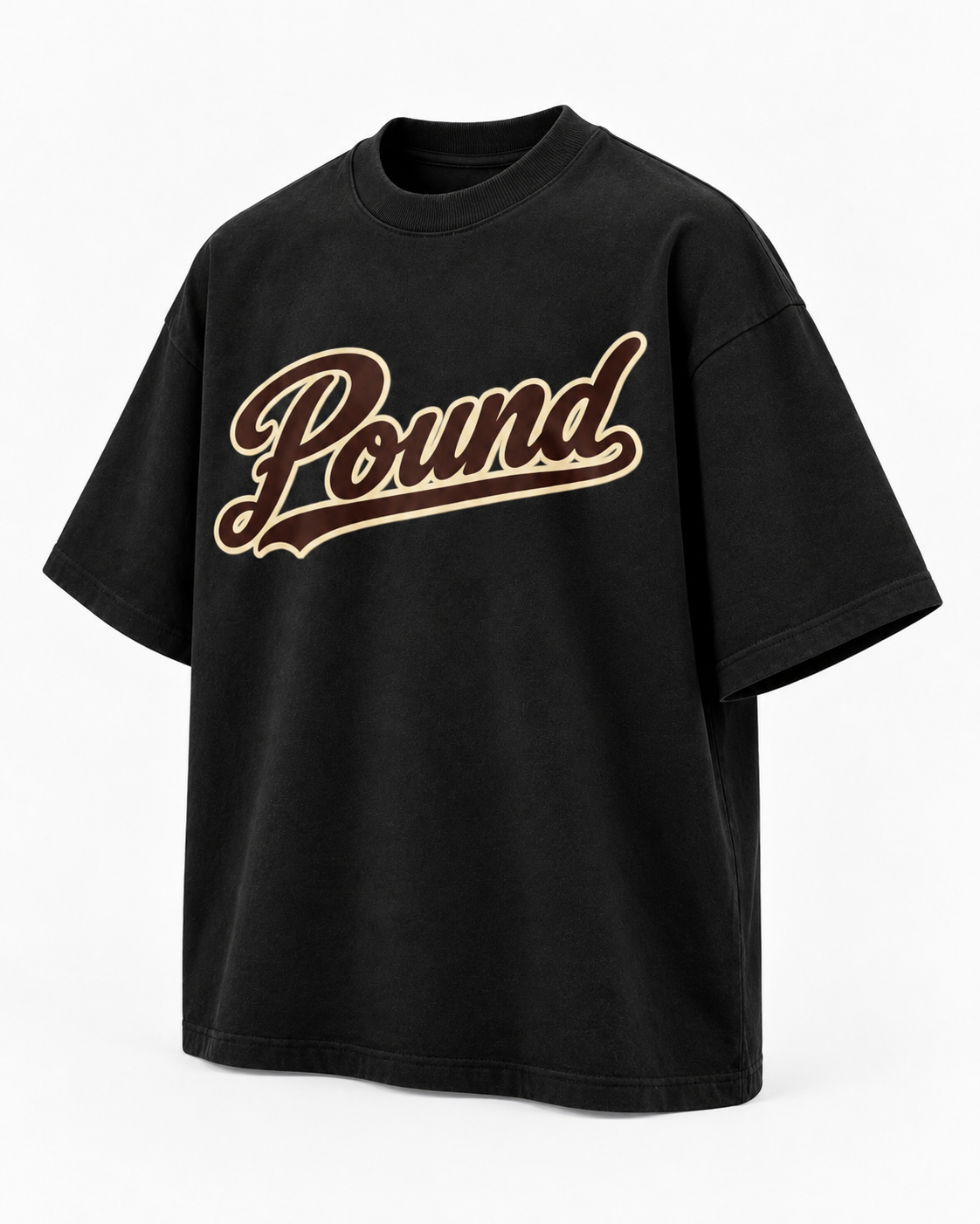 Angled view of black oversized heavyweight Pound script box T-shirt with drop shoulders and brown cream chest graphic.