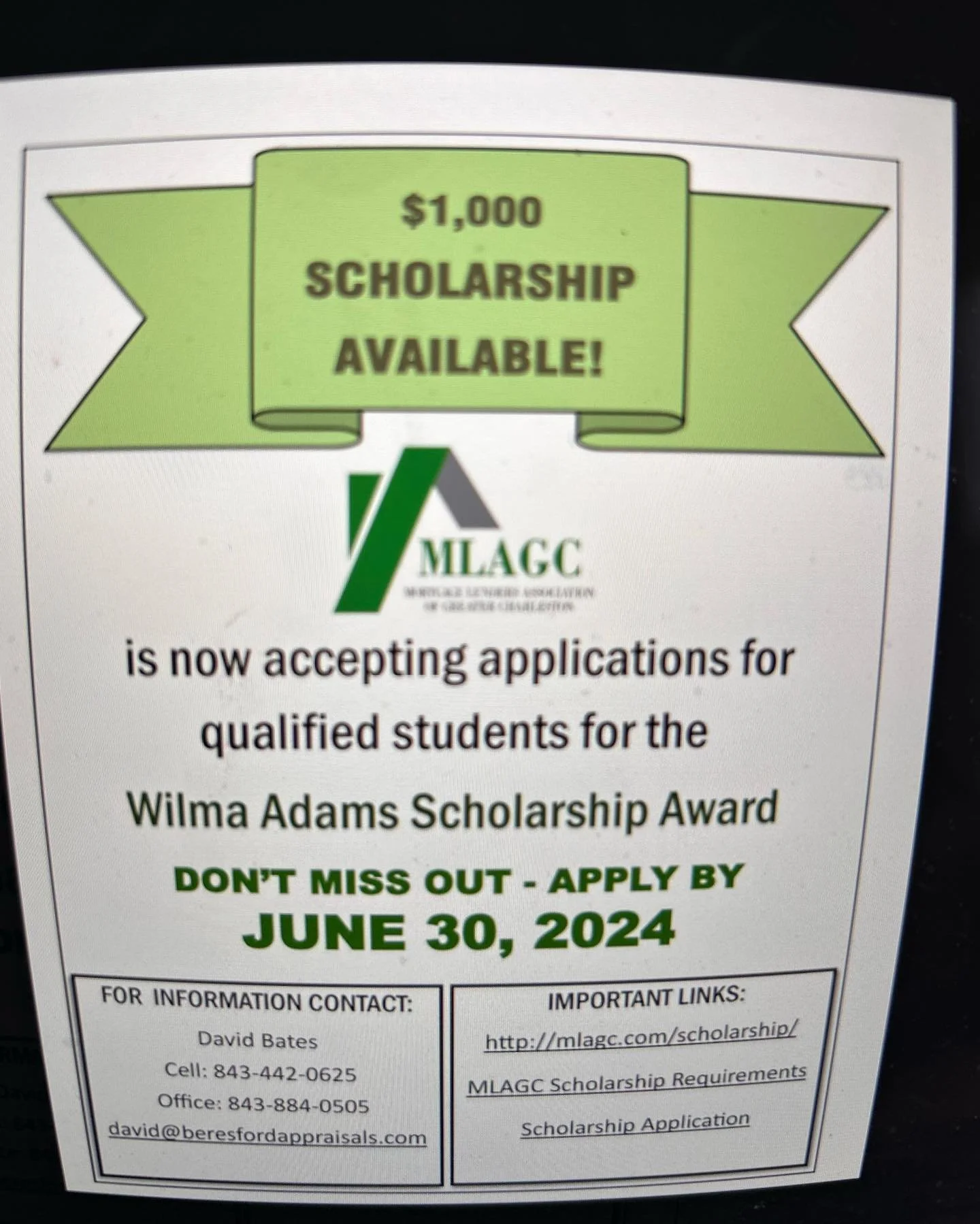 Last chance to get those applications in! We are giving one student the Wilma Adams Scholarship Award for $1K! Please send all applications by 06/30/2024 to david@beresfordappraisals.com. Good luck to everyone! 🥳