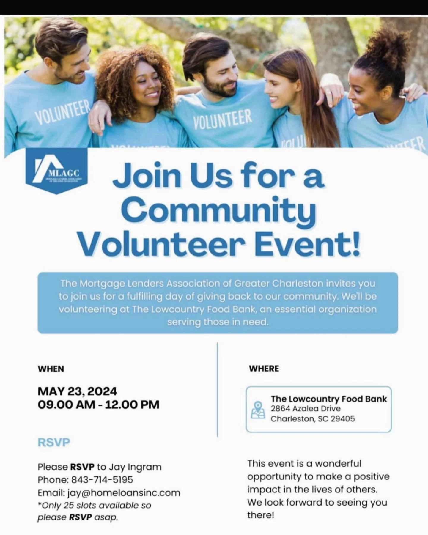 Looking to give back? Join us on May 23rd as we volunteer with the Lowcountry Food Bank. To sign up please send a text to Jay at 843-714-5195, or email him at jay@homeloansinc.com. We look forward to serving with you!