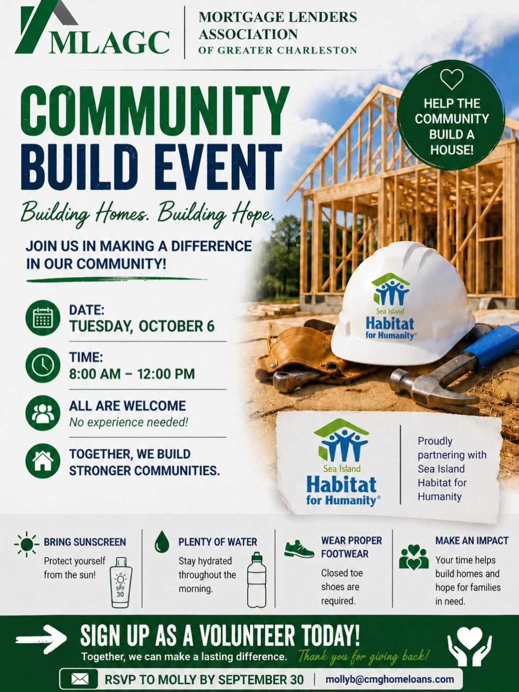 Join us on Tuesday October 6th from 8:00am - 12:00pm for a Habitat for Humanity Build!