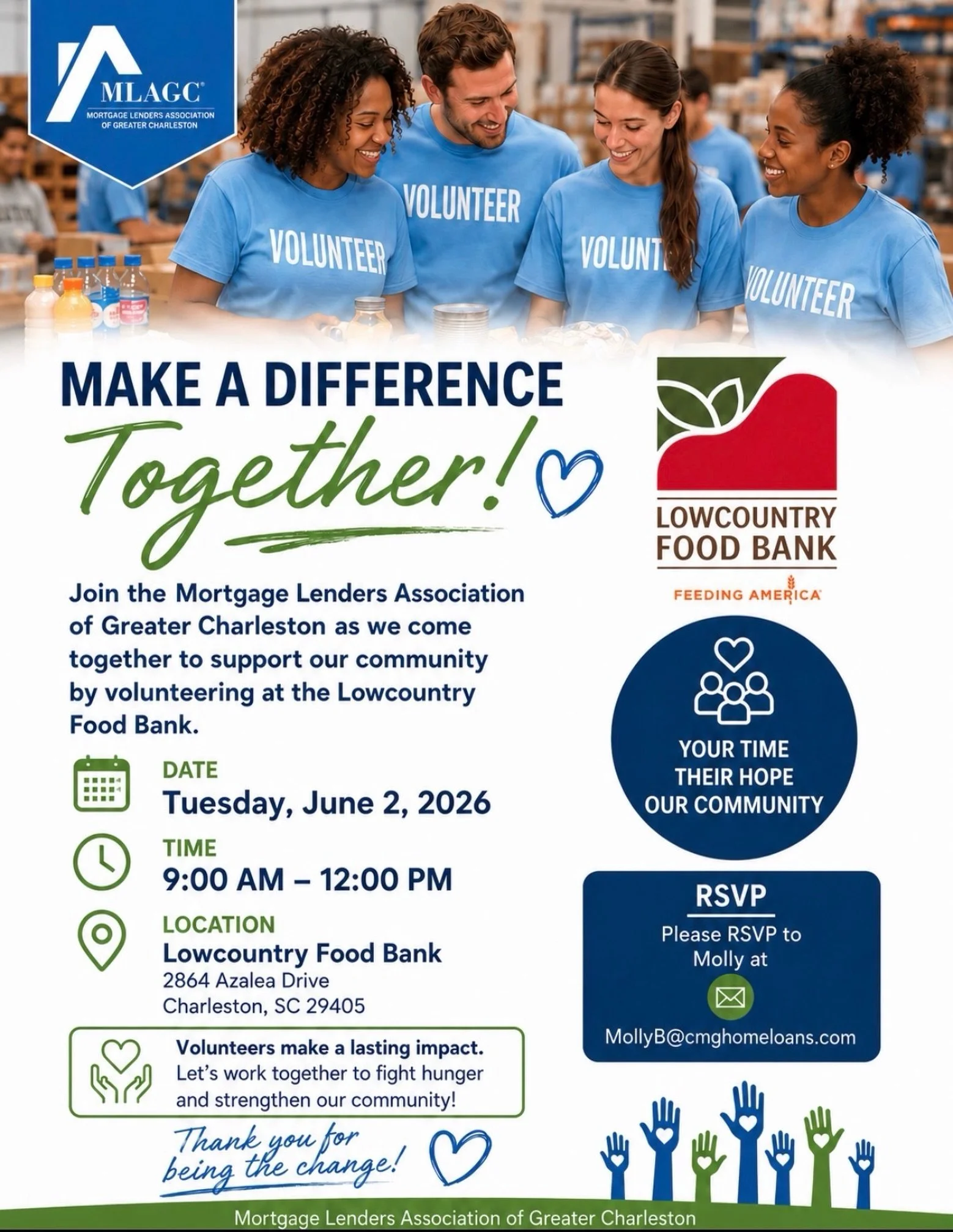 Join us for our next volunteer opportunity at the Lowcountry Food Bank on Tuesday June 2nd from 9:00-12:00! @lcfoodbank