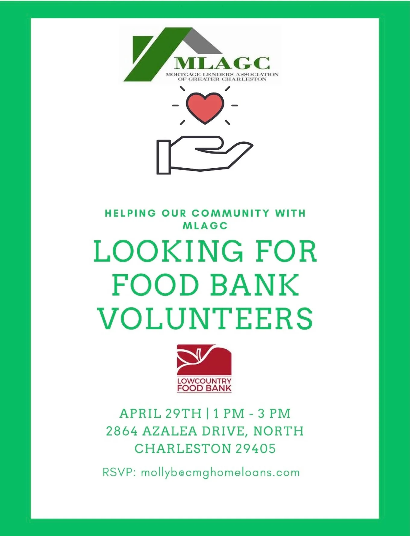 Mark your calendars for Wednesday, April 29th! The MLAGC will be volunteering at the Lowcountry Food Bank from 1:00 - 3:00.