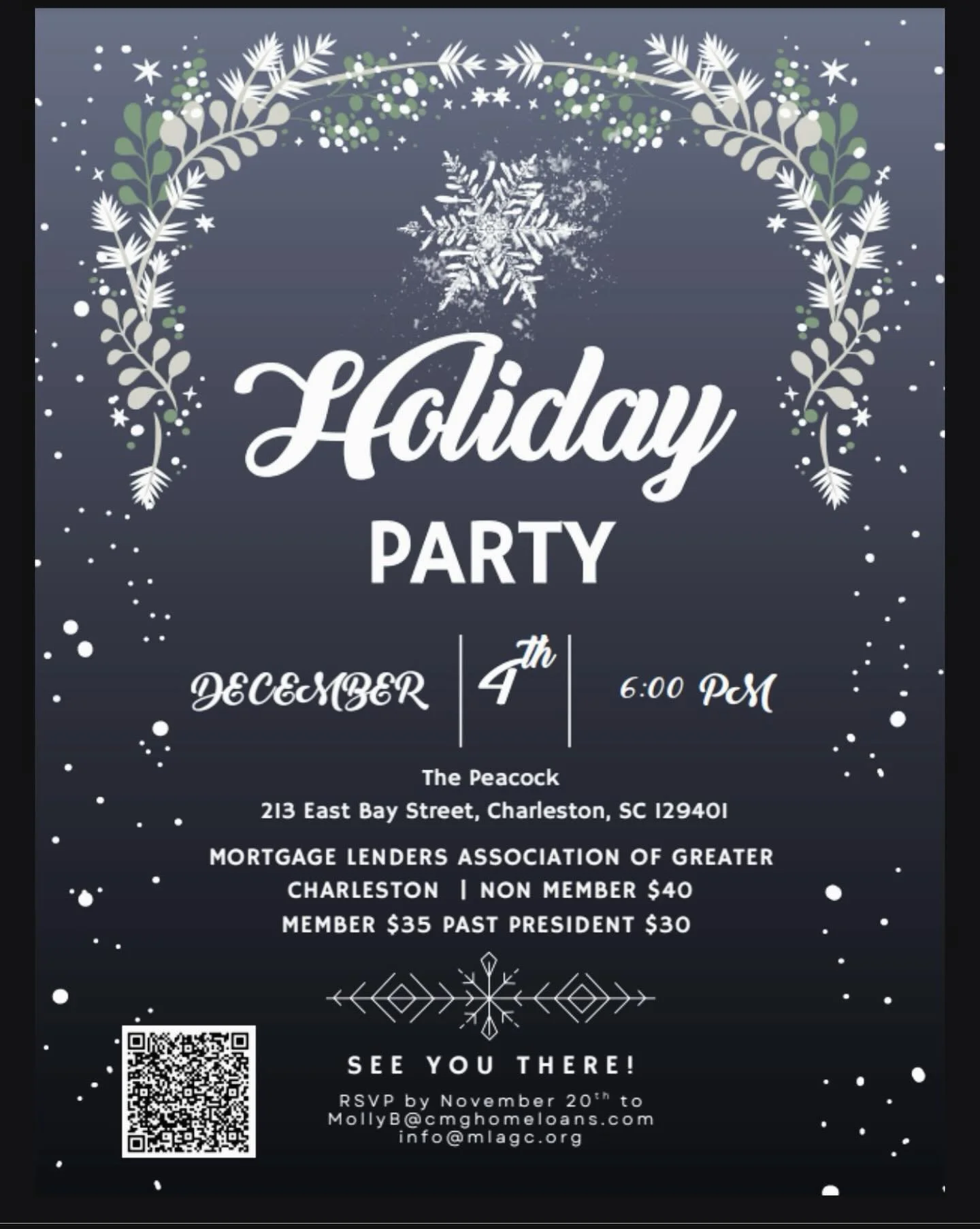 Join the Mortgage Lenders of Charleston for a festive holiday celebration as we wrap up a year of hard work and dedication! The event will be held on December 4th at The Peacock.  Tickets and more information attached and also can be found in our bio