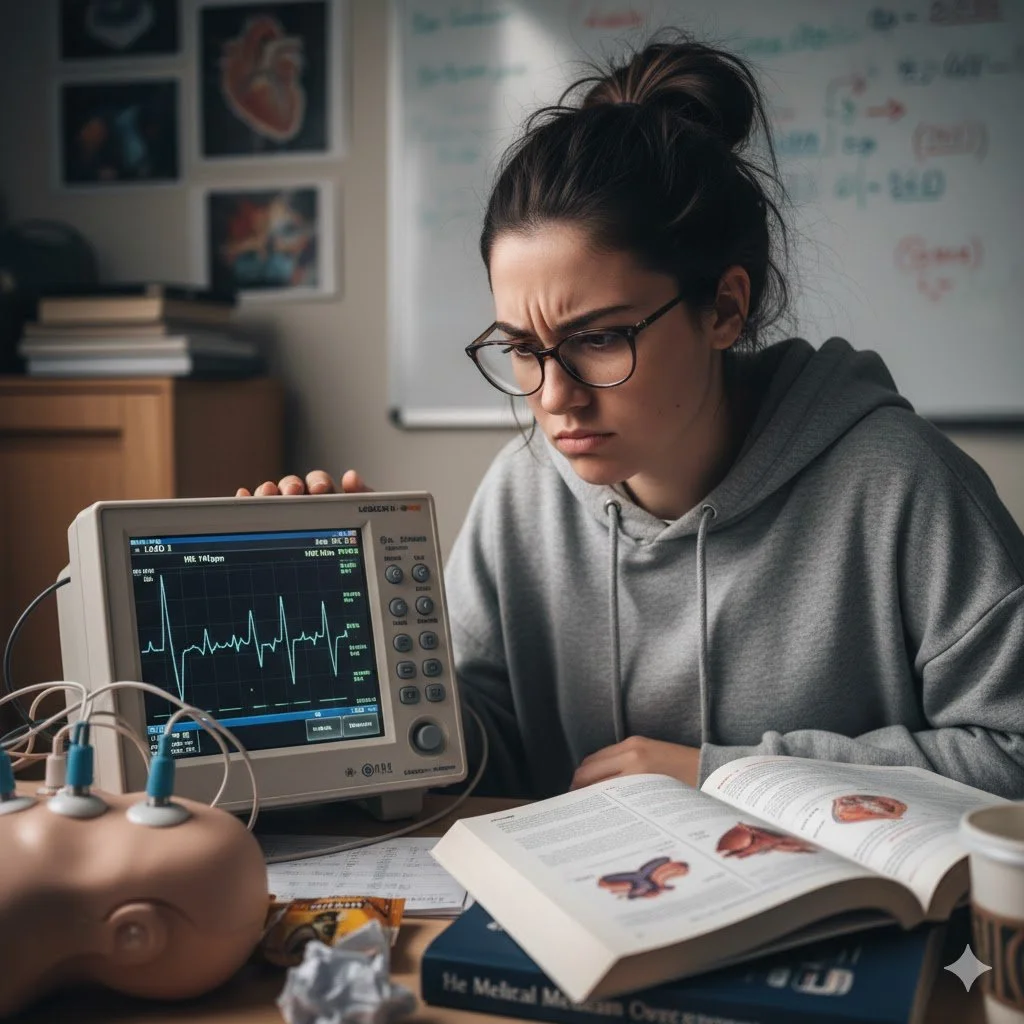 A young woman with glasses and a gray hoodie studying medicine, looking concerned, sitting at a desk with an electrocardiogram machine, medical books, anatomy textbooks, and a medical diagram on the open pages.
