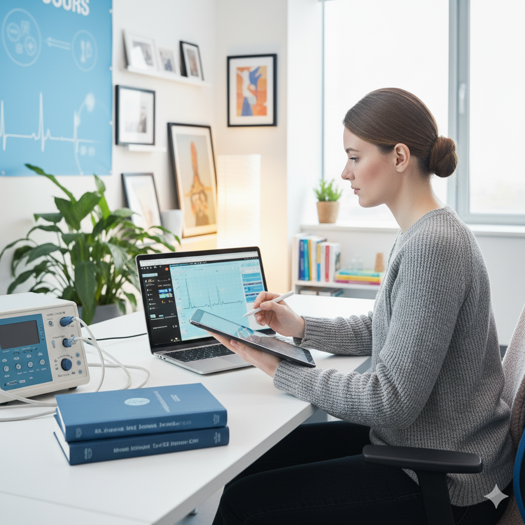 A woman working at a desk in a medical or scientific office, analyzing data on a laptop and tablet with medical equipment and framed artwork in the background.