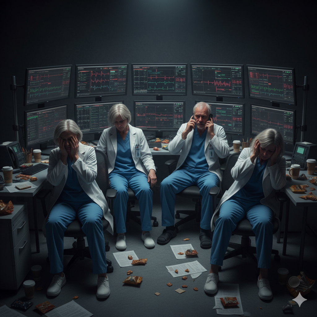 Four exhausted doctors in scrubs and white coats sit in front of multiple computer monitors with alarming ECGs, surrounded by scattered snacks, paper, and cups of coffee, in a dimly lit control room.