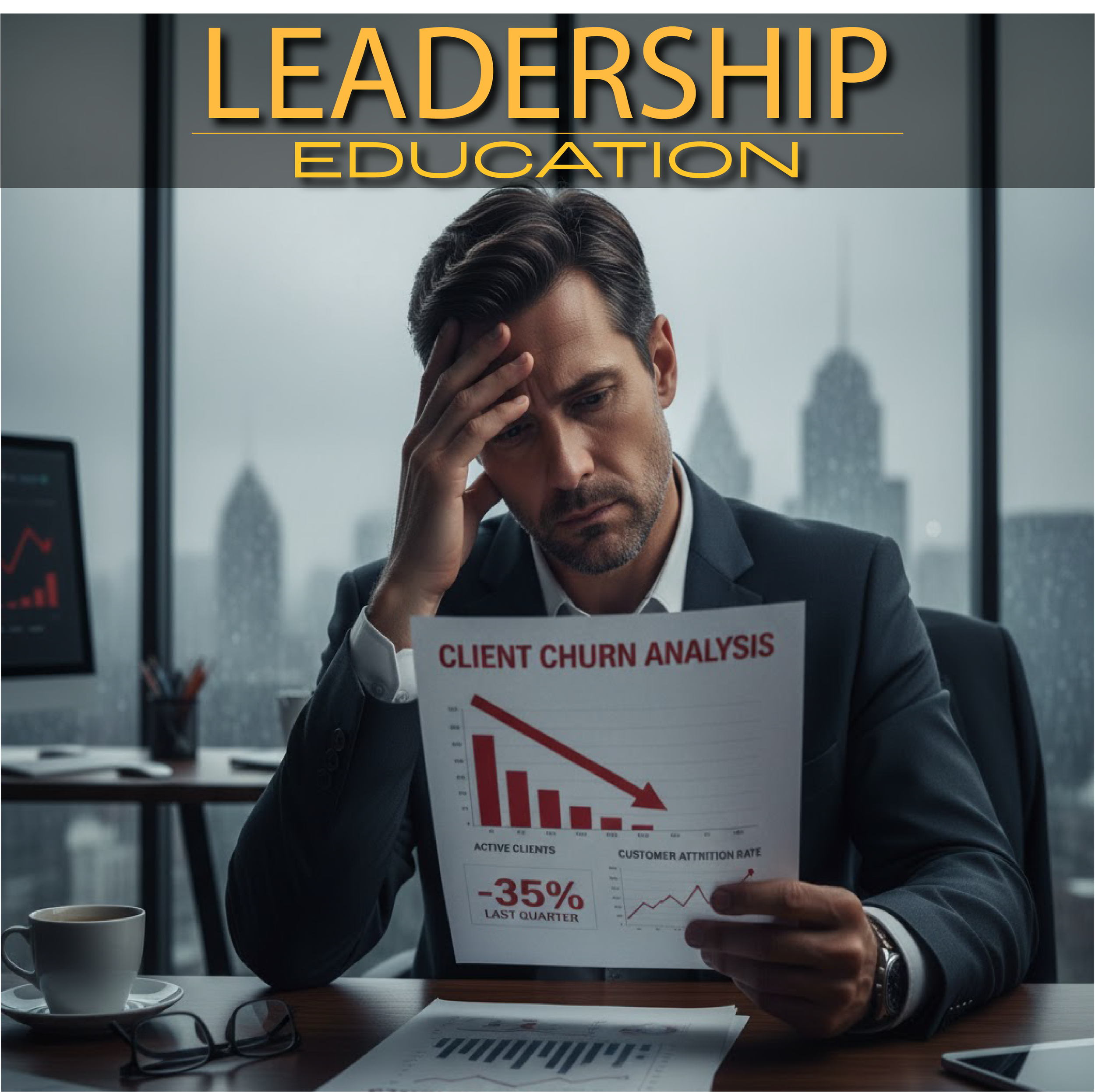 Man in a suit sitting at a desk, looking stressed and holding a report titled 'Client Churn Analysis' showing a declining trend and a 35% decrease in active clients for the last quarter, with a city skyline in the background.