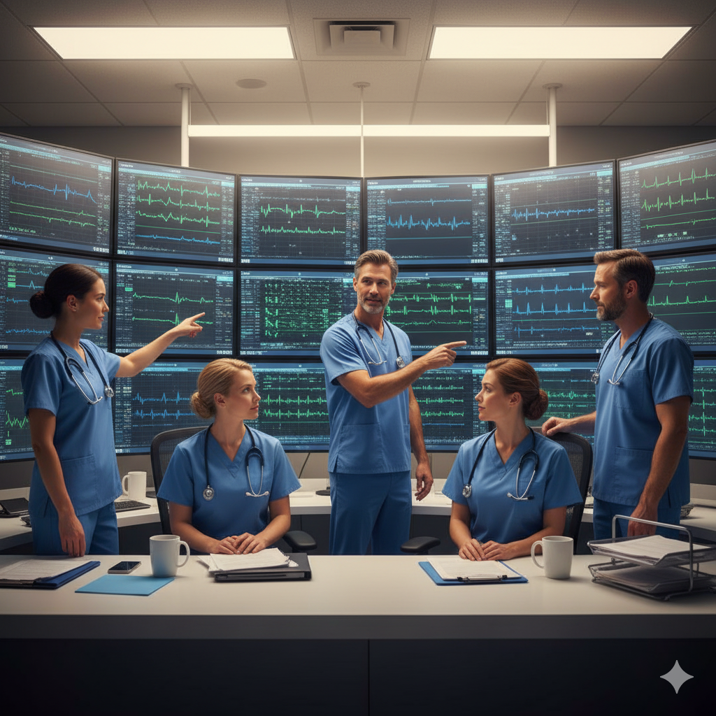 Medical team of five healthcare professionals, four women and one man, in a control room with multiple monitors displaying electrocardiogram and other medical data, discussing patient information.