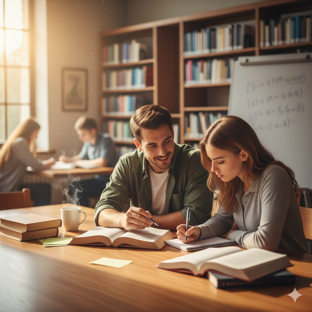 Two students studying together at a library table, with books, notebooks, and a cup of coffee, engaging in a discussion while other students work in the background.