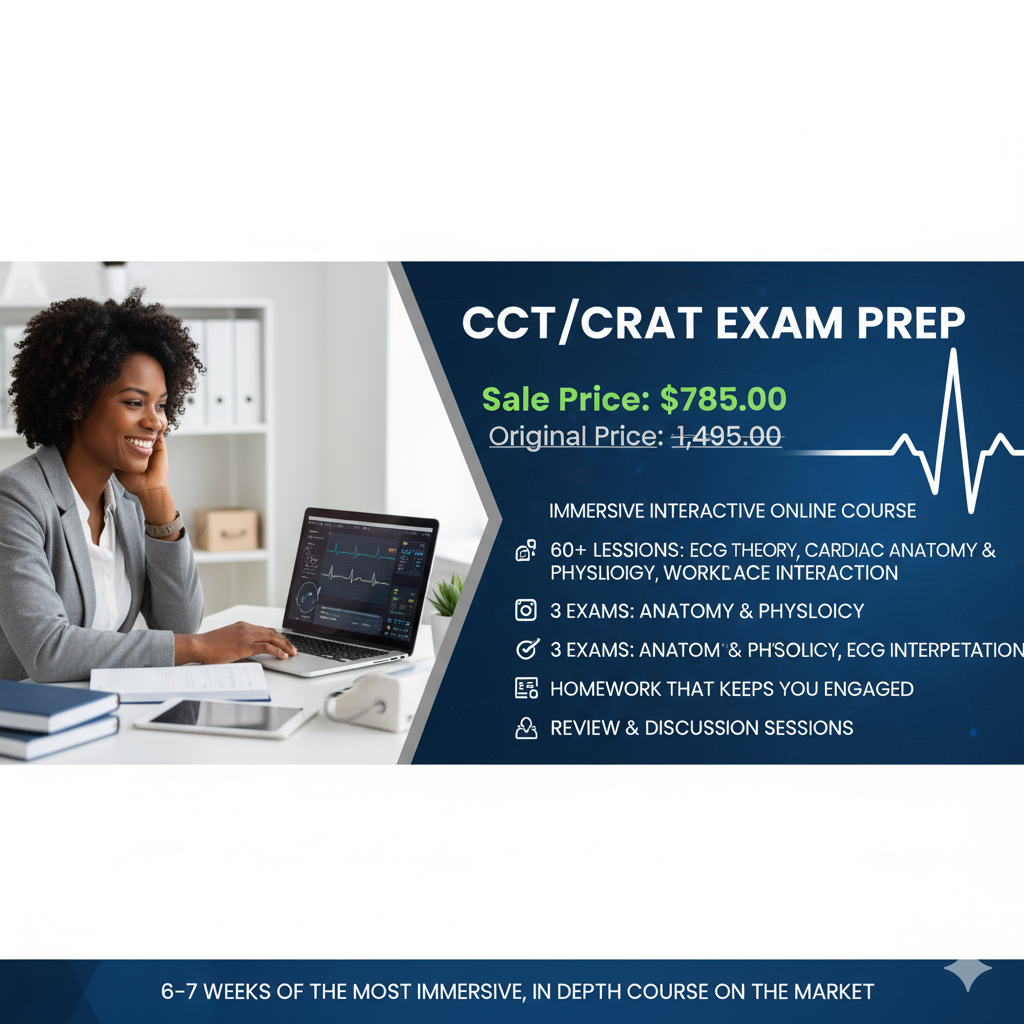 A smiling woman with curly hair studying at a desk with a laptop displaying an ECG. The image promotes a CCT/CRAT exam prep course with a sale price of $785, original price $1,495, offering lessons on ECG theory, anatomy, physiology, and practice exams.