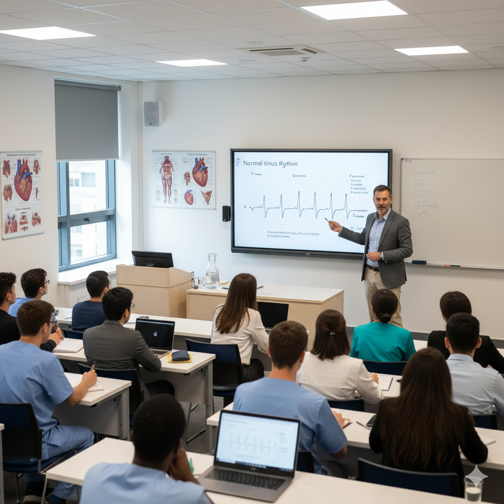 A medical instructor giving a lecture on sinus rhythm to a classroom of students, with diagrams of the human heart and body on the walls and a digital display showing an ECG reading.