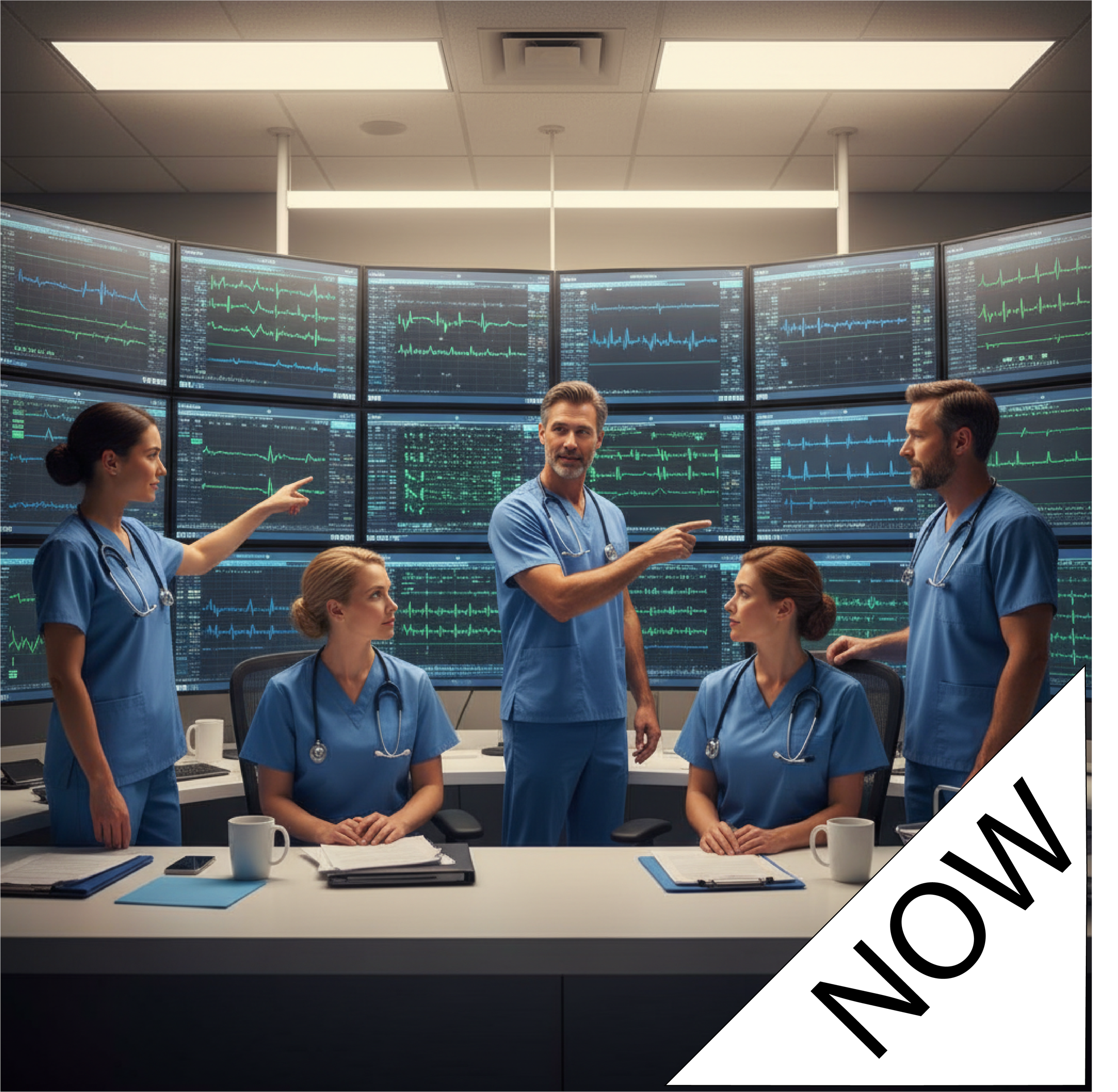 A team of medical professionals, including three women and two men, dressed in blue scrubs with stethoscopes, are gathered in a high-tech monitoring room with multiple screens displaying heart rate and medical data. They are engaged in discussion, with one woman pointing at the screens, and the team appears focused and serious.