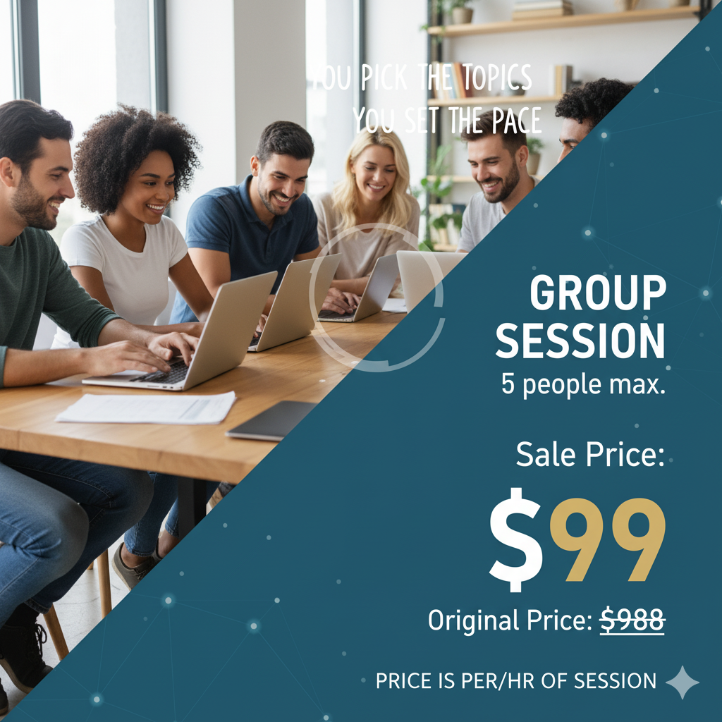 Group of five diverse young adults sitting around a wooden table in a modern, well-lit room with large windows, working on laptops and smiling. Overlaid promotional text advertises a group session for up to five people, priced at $99, with a discounted original price of $988, and notes that the price is per hour of session.