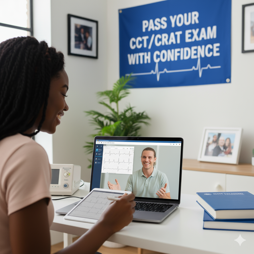 A young woman taking a photo of a man on her tablet, participating in a video call on her laptop, with medical charts and a motivational banner in the background reading 'Pass Your CCT/CRAT Exam With Confidence'.