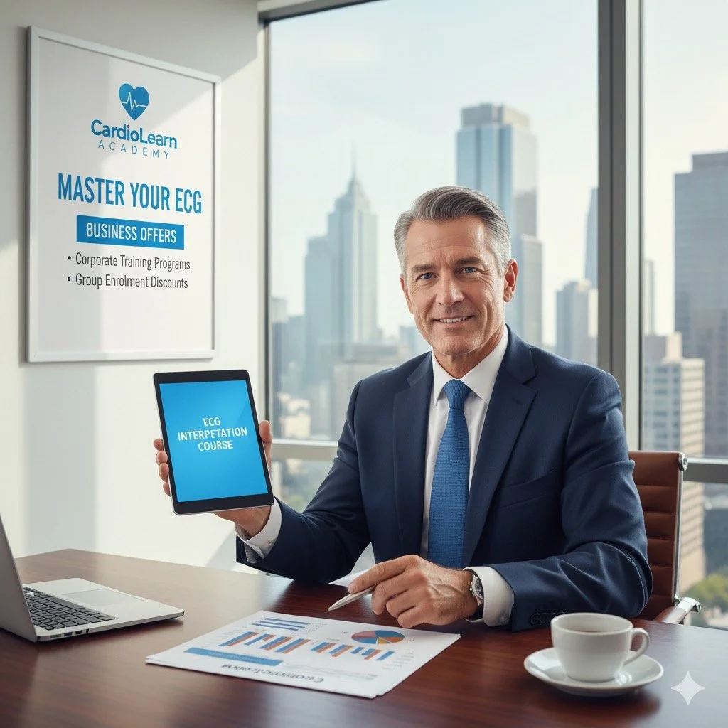 A professional man in a business suit sitting at a desk in an office with large windows showing a city skyline. He is holding a tablet with the text 'ECG Interpretation Course' and smiling at the camera. A sign behind him reads 'Master Your ECG' with additional business offers listed.