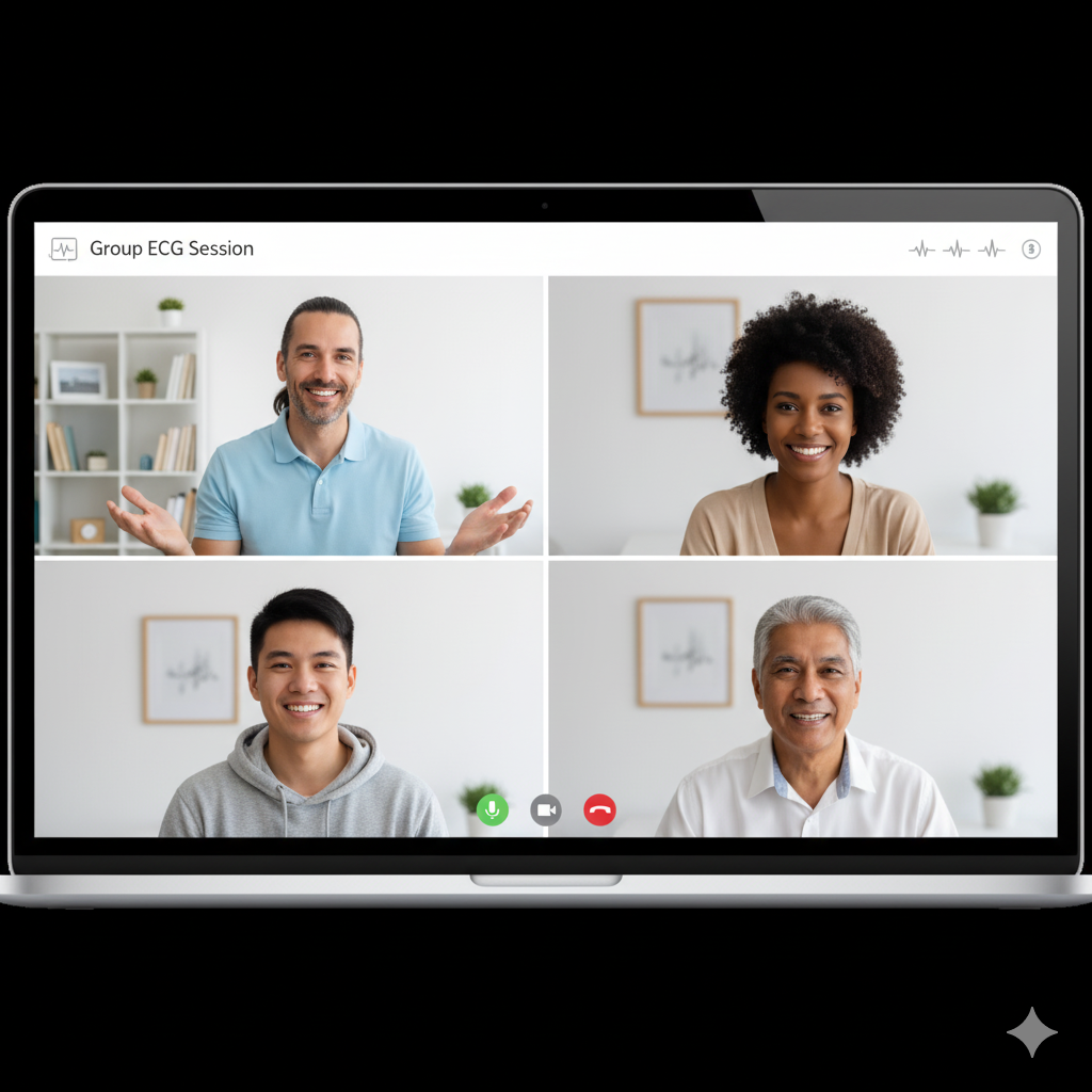 Screenshot of a virtual group ECG session on a laptop with four diverse participants: a man in a blue polo shirt, a woman with curly hair in a beige top, a young man in a gray hoodie, and an older man with gray hair in a white shirt, all smiling in their home settings.