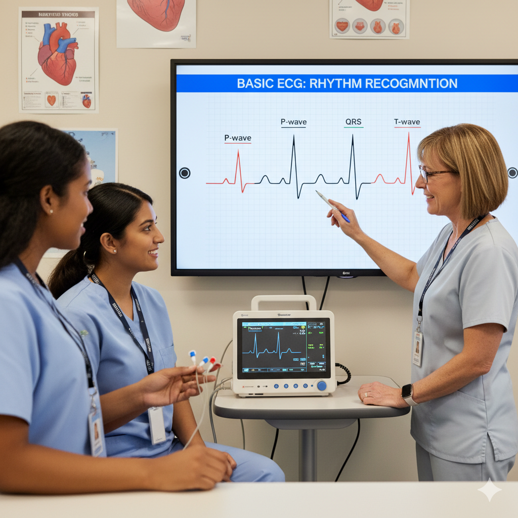 Medical training session with a nurse explaining ECG rhythm recognition to two students in scrubs, using a large screen display and ECG monitor.