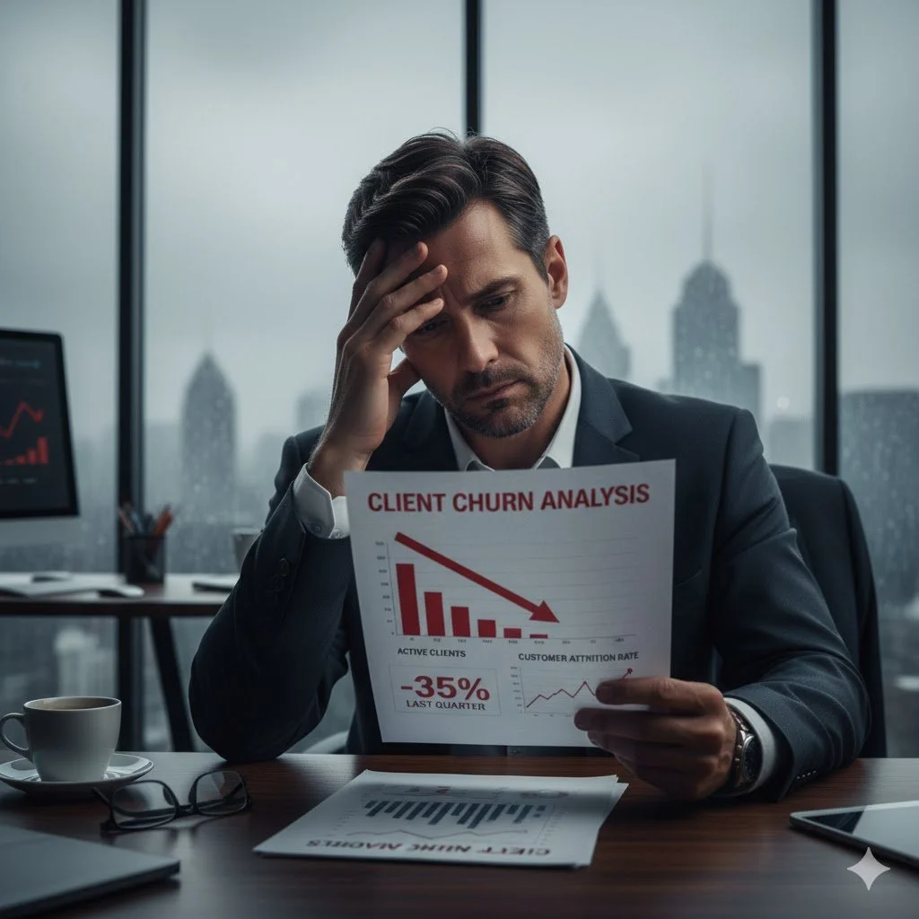 A man in a business suit looking worried while holding a report titled "Client Churn Analysis" showing a declining graph with a -35% last quarter. He is seated at a desk in a modern office with a city skyline in the background.
