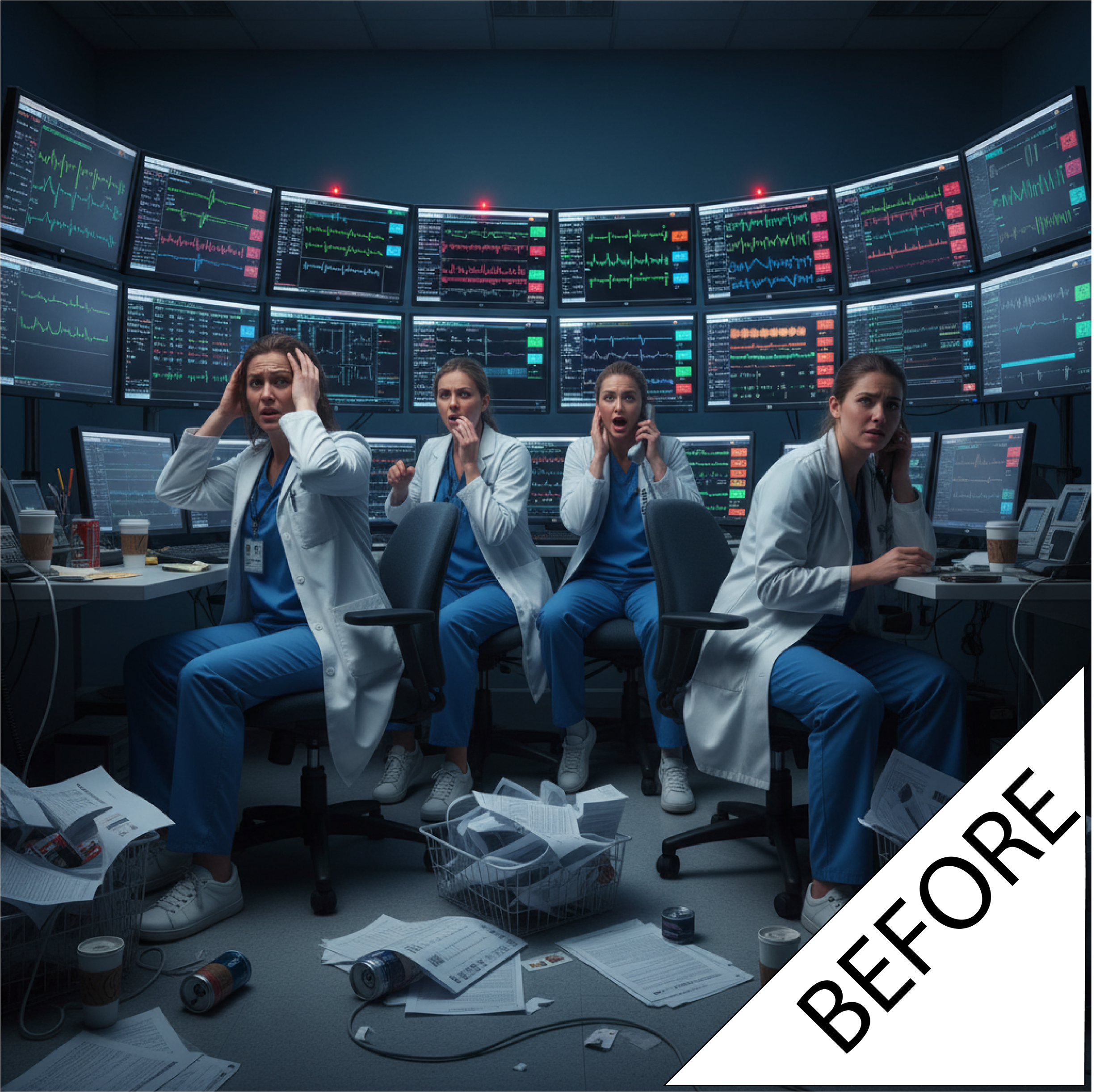 Four medical professionals are sitting in front of multiple monitors displaying vital signs and medical data. They look distressed, with varied expressions of concern and anxiety. The room is cluttered with papers, coffee cups, and scattered documents on the floor.