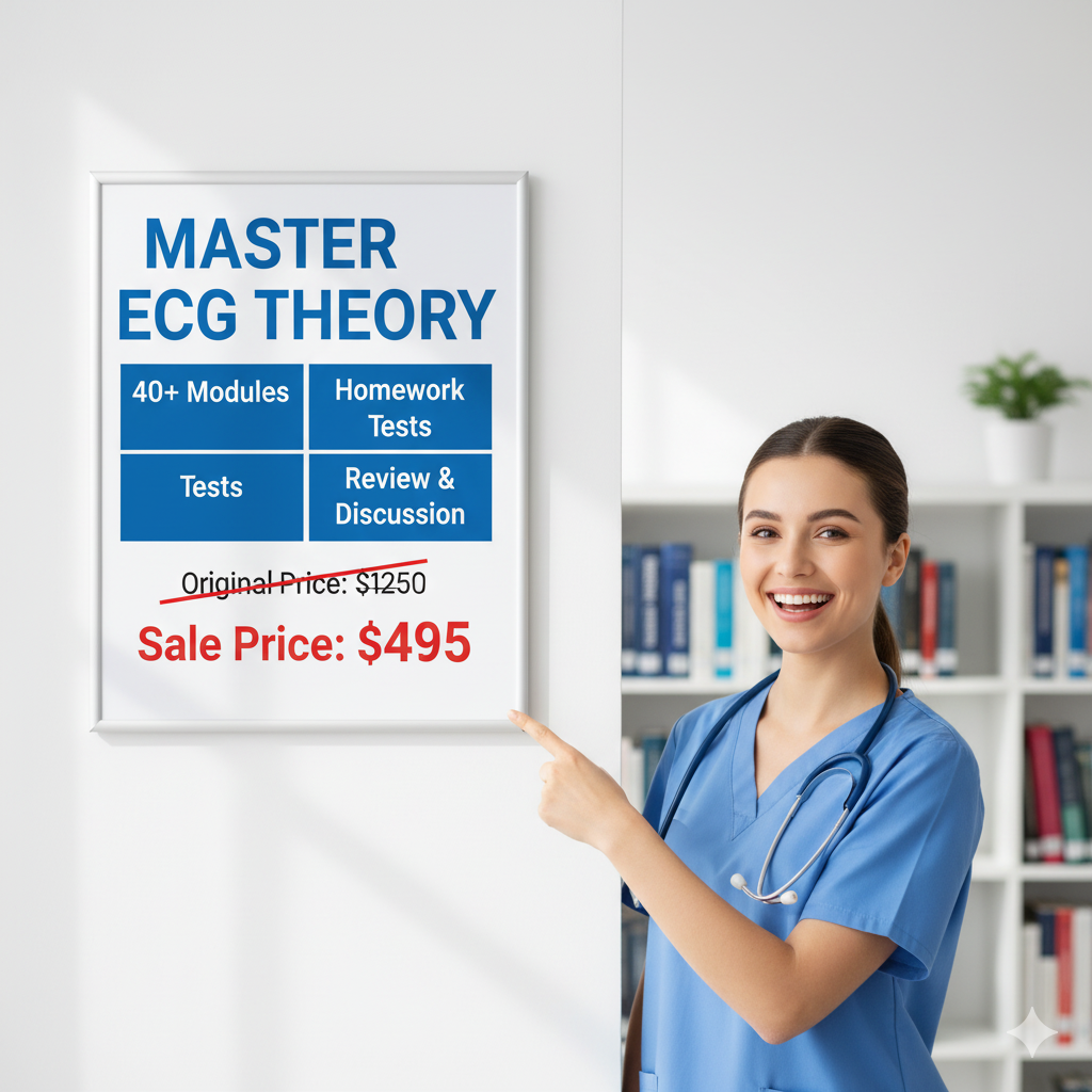 A smiling healthcare professional in blue scrubs standing next to a promotional poster advertising a master ECG theory course with a discounted price of $495, down from $1250.