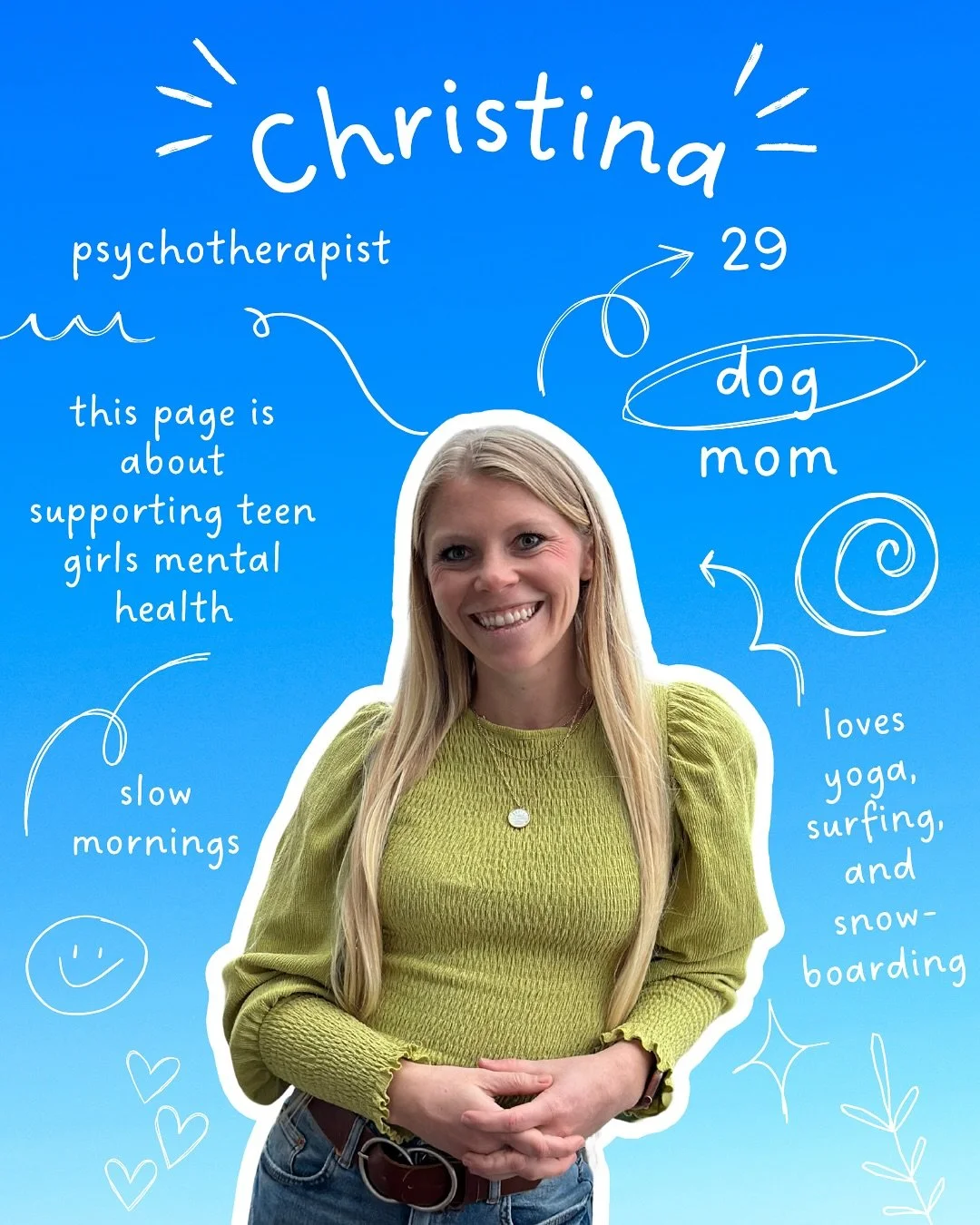 Welcome ✨

I got a ton of new followers this week so I wanted to take a moment to reintroduce myself. 

My name is Christina King and I&rsquo;m a licensed marriage and family therapist in California. I specialize in working with tween and teen girls!