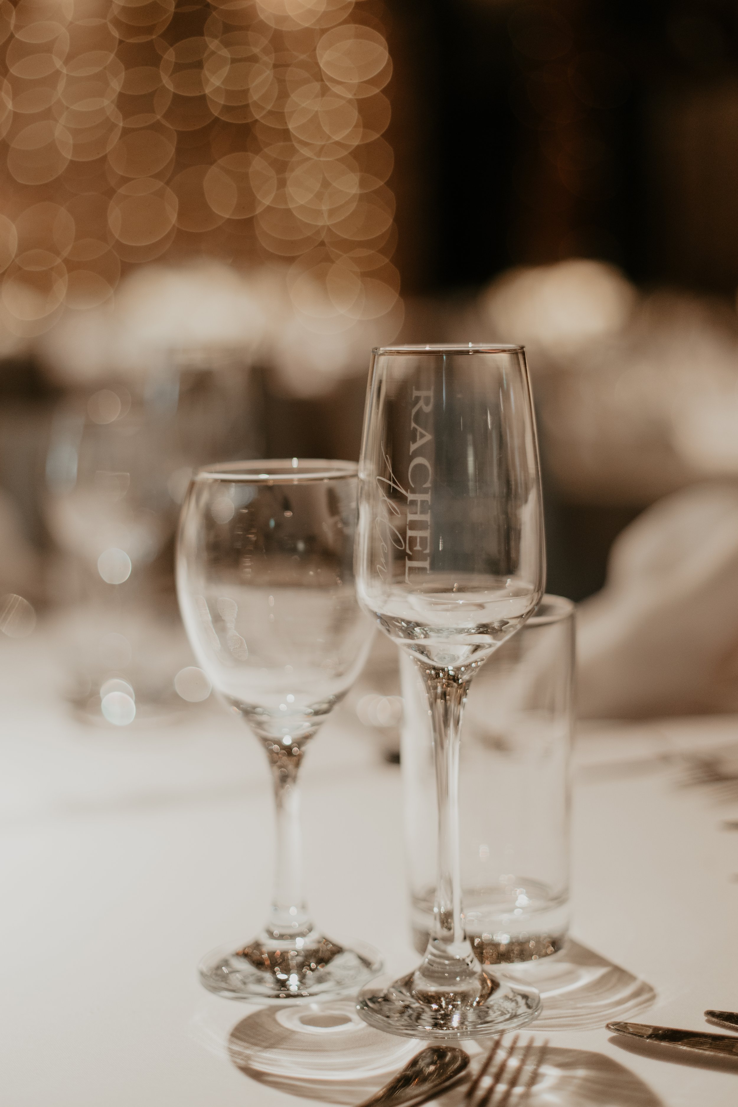 Personalised Engraved champagne glasses.