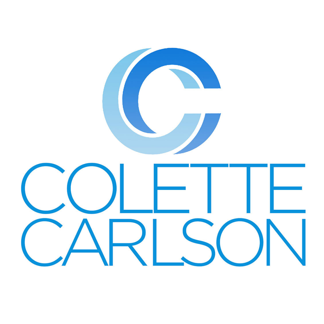 Blue logo with the stylized letter 'C' above the words 'Colette Carlson' in blue capital letters.