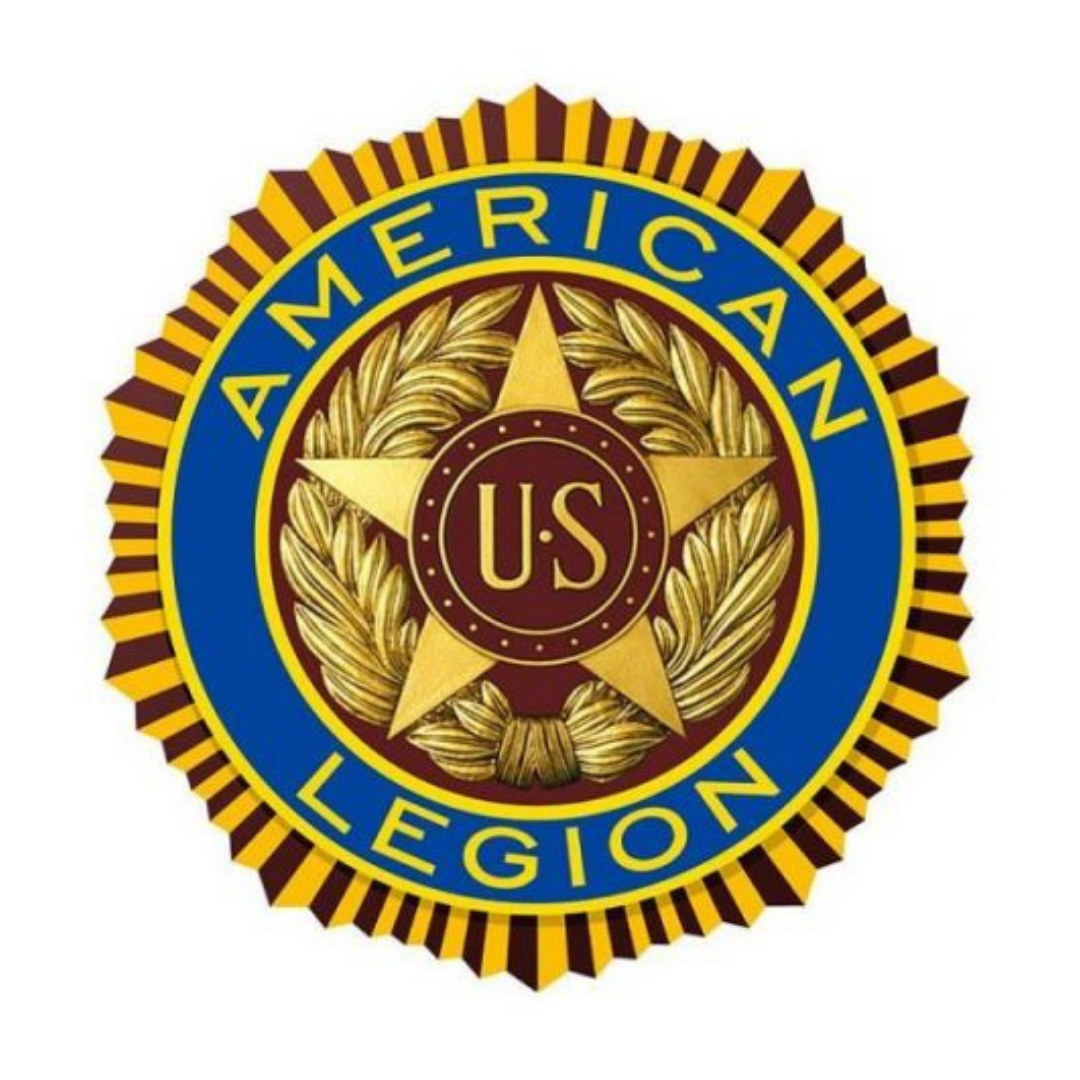 Emblem of the American Legion with a gold star, laurel wreath, and blue and gold text.