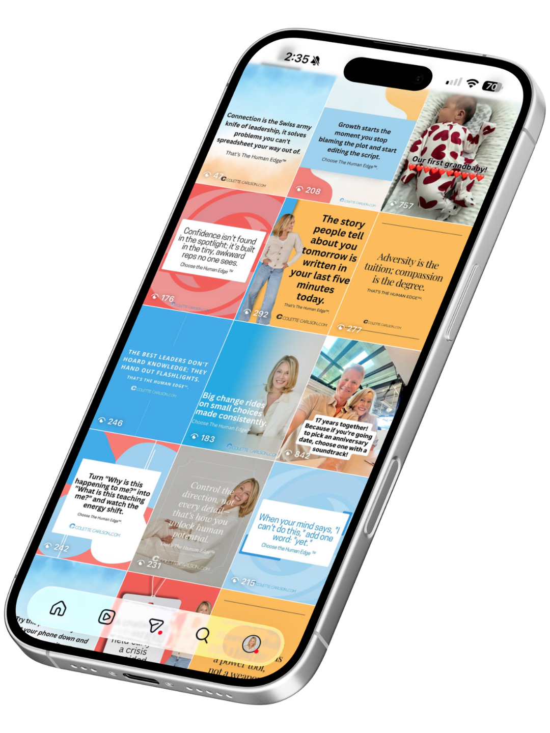 Smartphone displaying a grid of colorful motivational and inspirational quotes, images of people, and a baby dressed in red and white hearts from Colette Carlsons Instagram