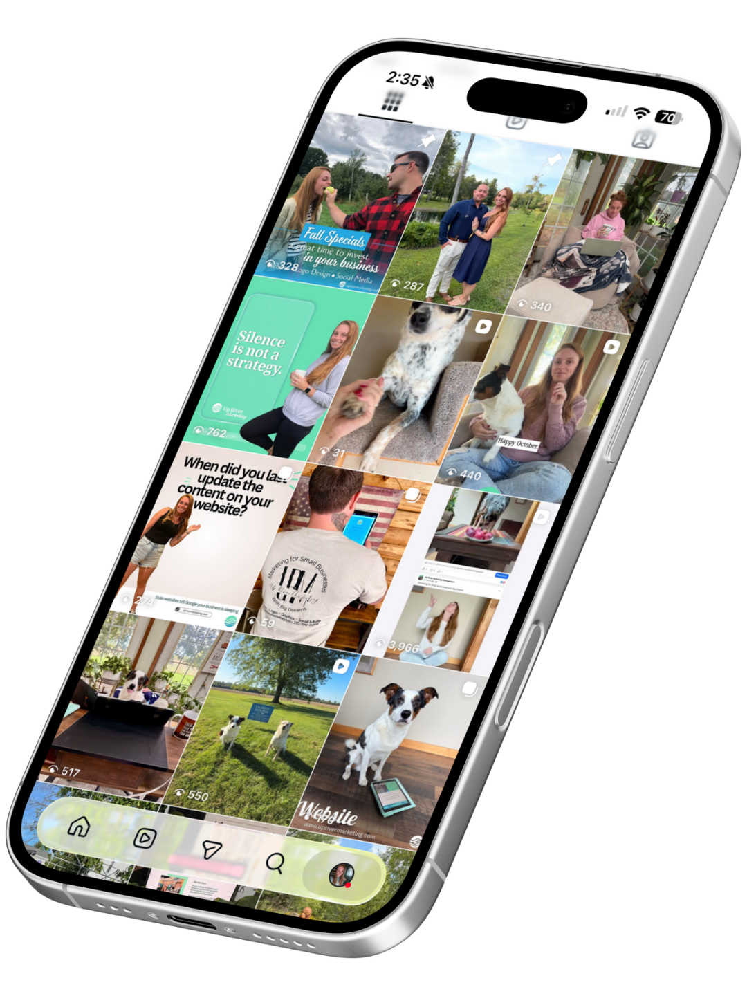 A smartphone screen displaying an Instagram profile with various photos of people, dogs, and text graphics, including a photo of a man and woman outdoors, a woman with a laptop inside, and a dog sitting on a couch.