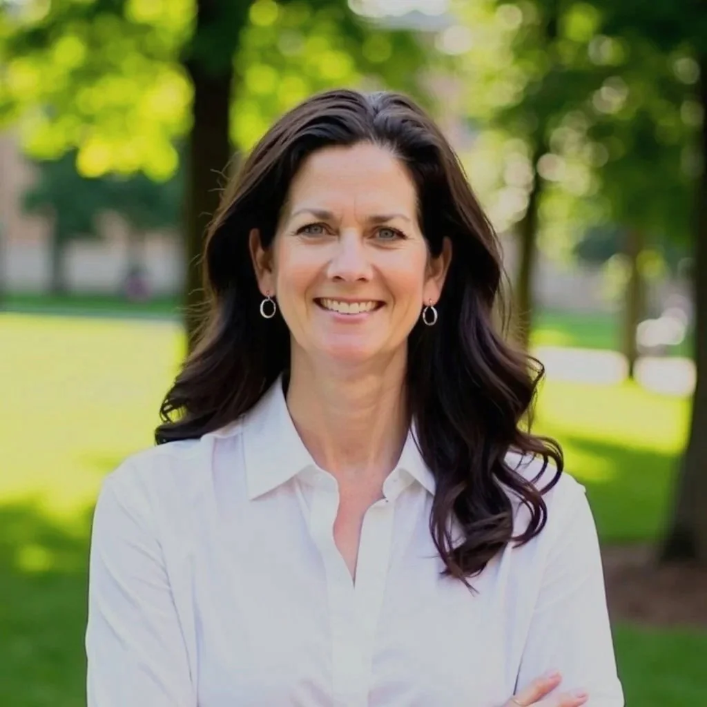 A woman with long dark hair, wearing a white shirt and hoop earrings, smiling outdoors with greenery in the background.