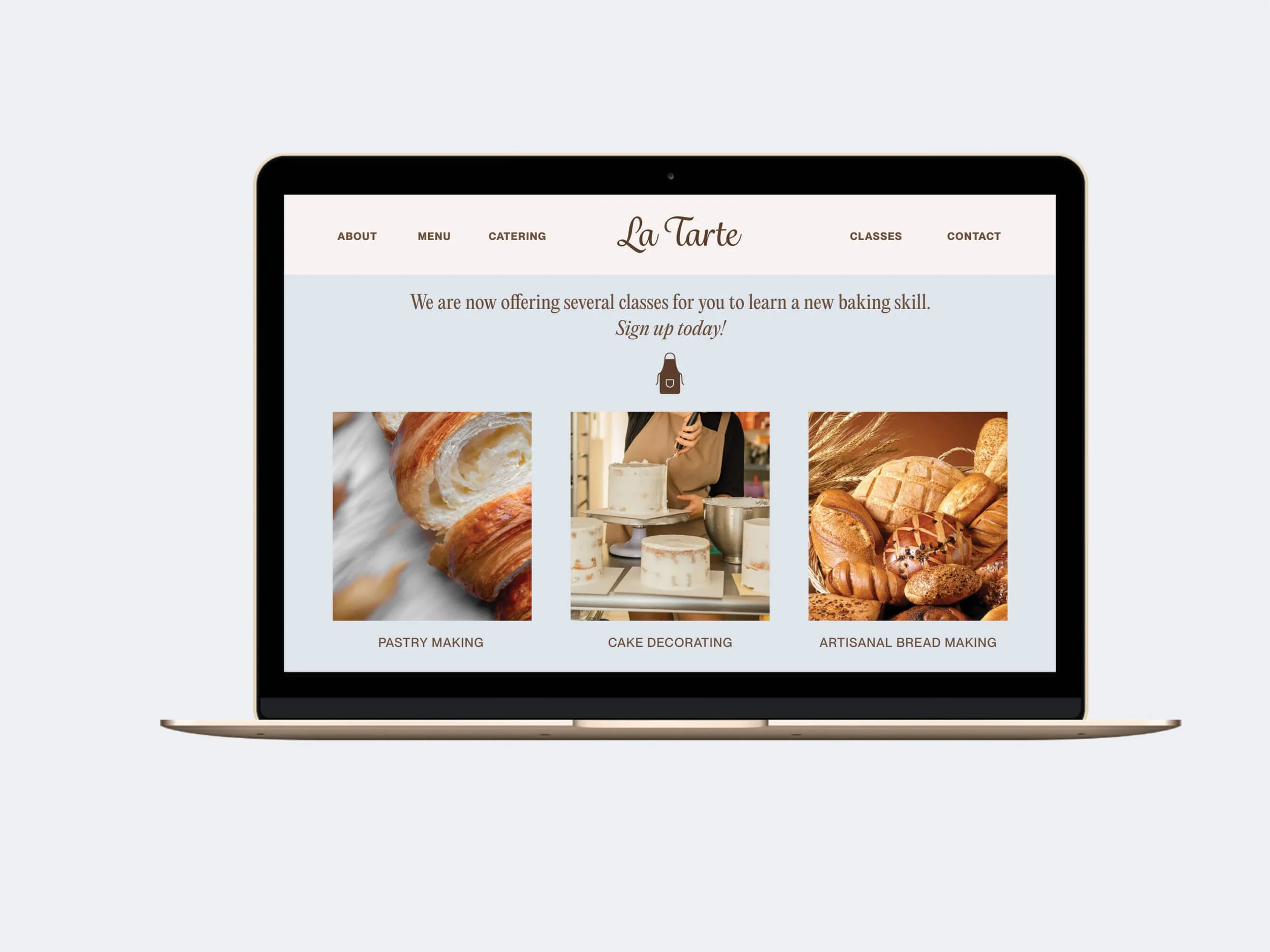 La Tarte Classes page showcasing three baking class options: Pastry Making, Cake Decorating, and Artisanal Bread Making.