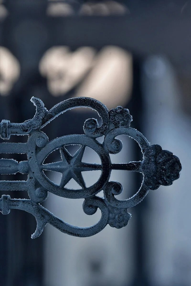 Close-up of an ornate metal fence with frost crystals, showing intricate scrollwork and a star-shaped design, covered in frost.