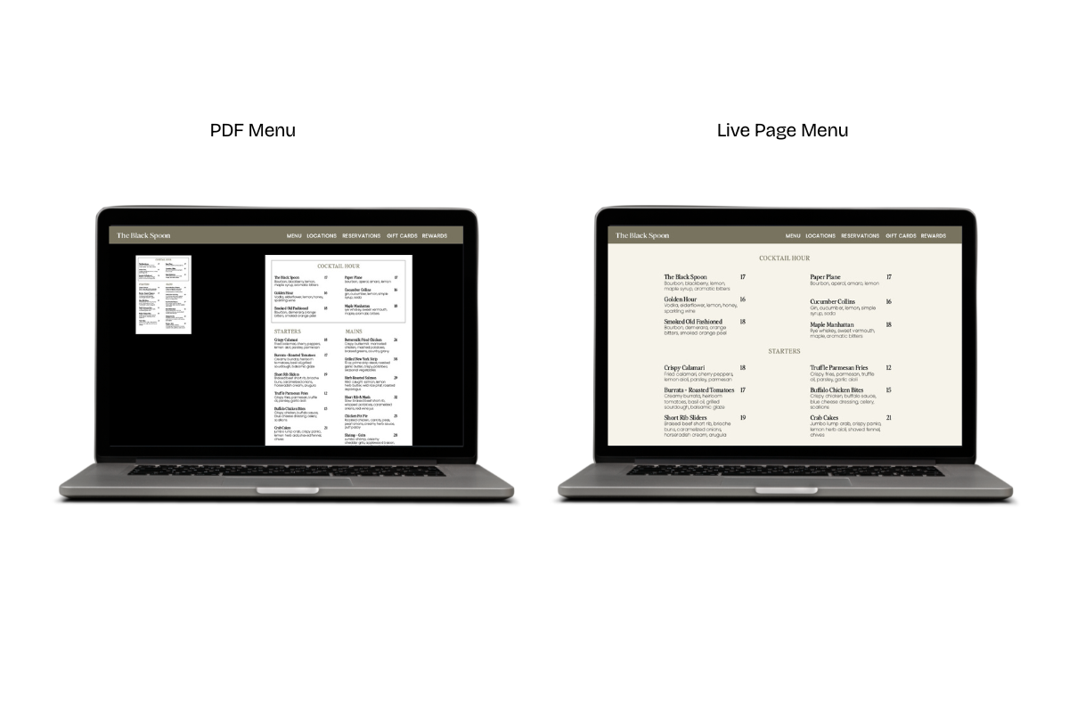 Side by side comparison of a PDF restaurant menu versus a live page menu on a restaurant website