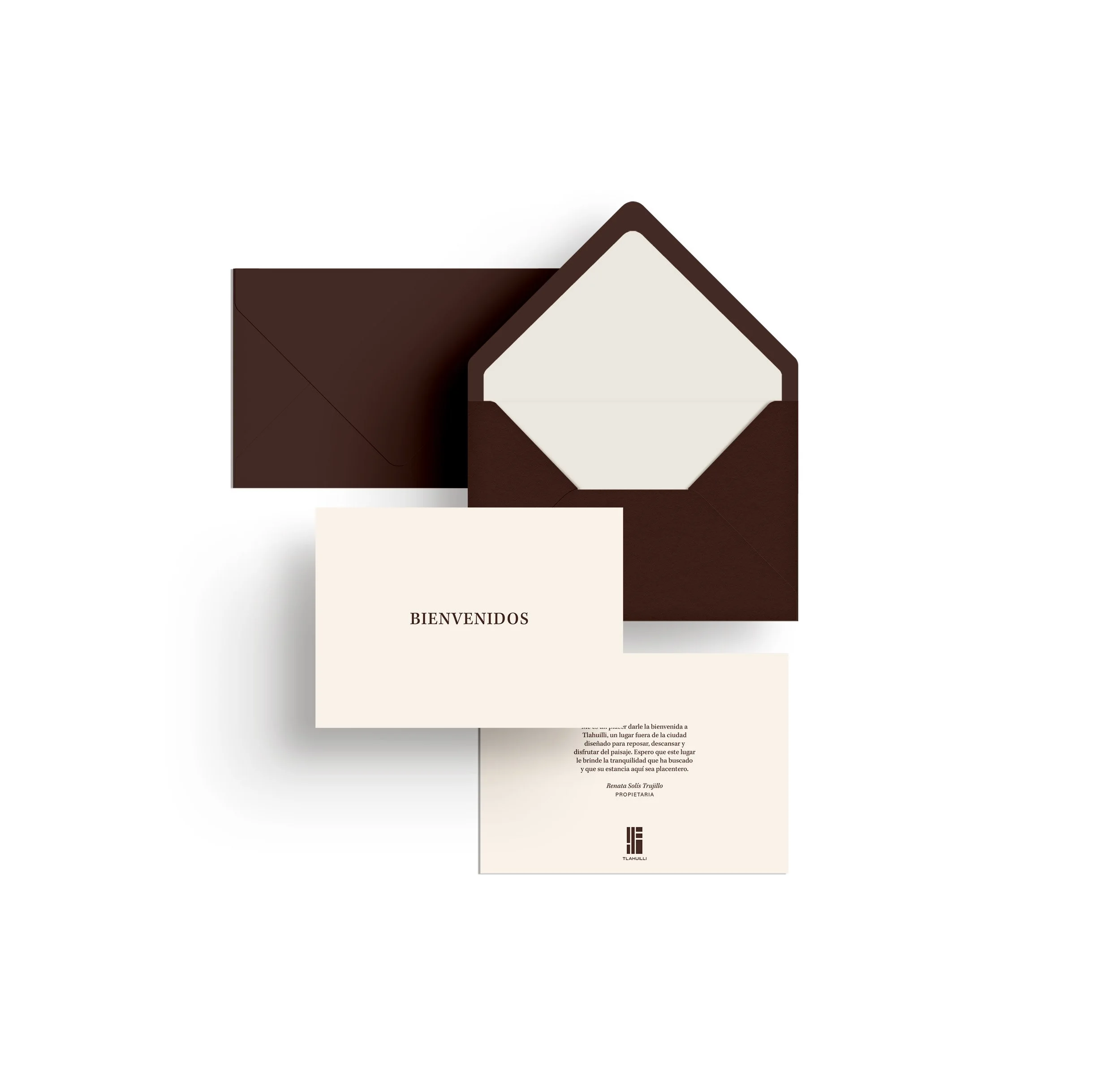 Invitation card with the word 'BIENVENIDOS' and text in Spanish, featuring minimalist design with brown and beige tones, and a logo at the bottom.
