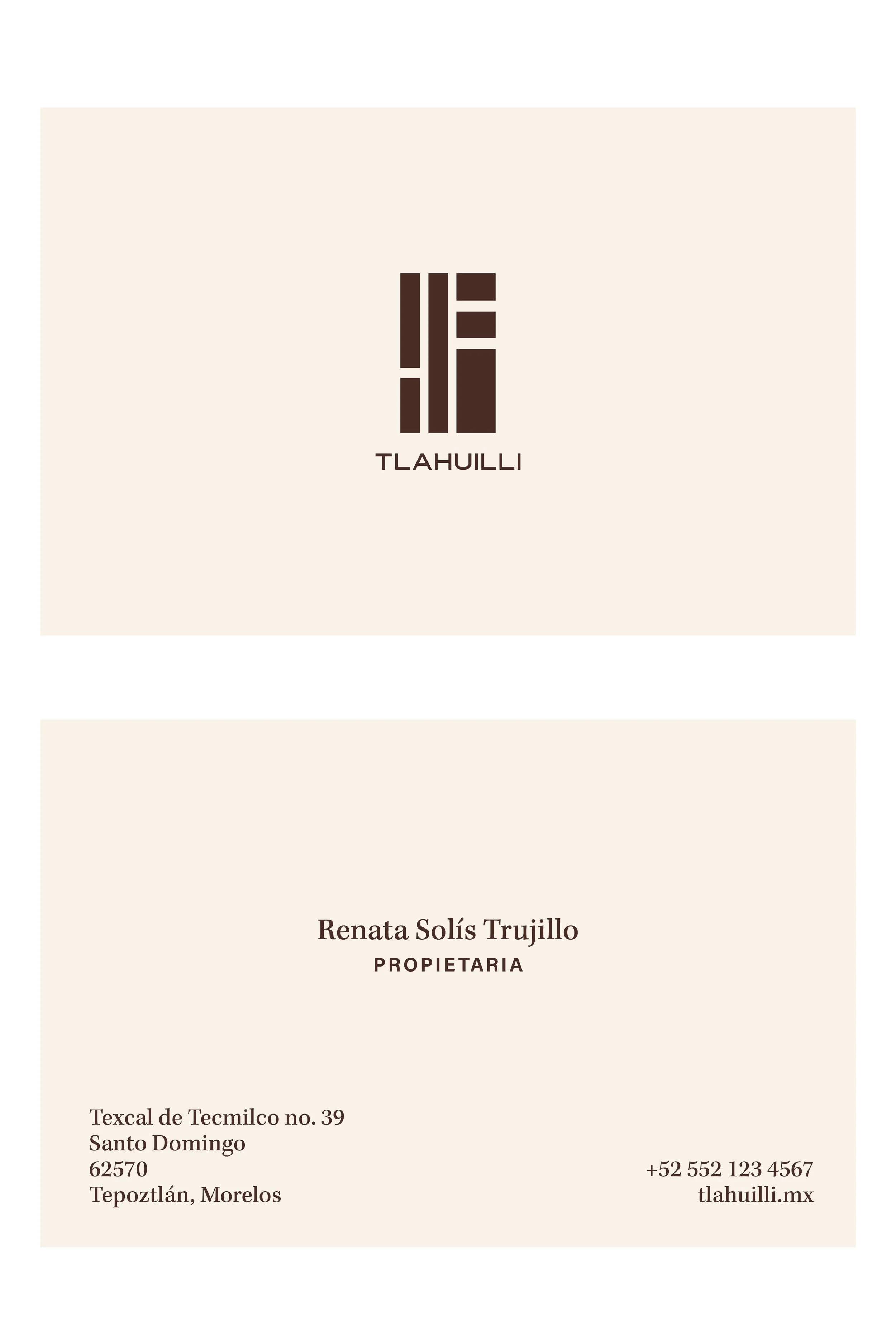 Business card with abstract logo and the name 'TLAHUILLI'; includes contact info with address in Santo Domingo, Mexico, phone number, and website.