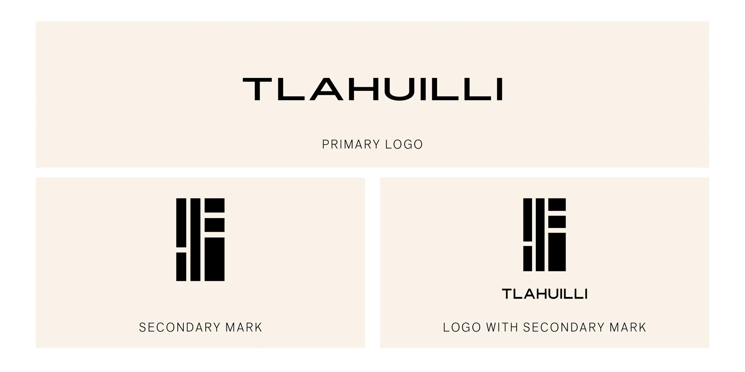 Diagram showing the primary logo and secondary mark for the brand Tlahulli, with a comparison between the logo alone and the logo with a secondary mark.