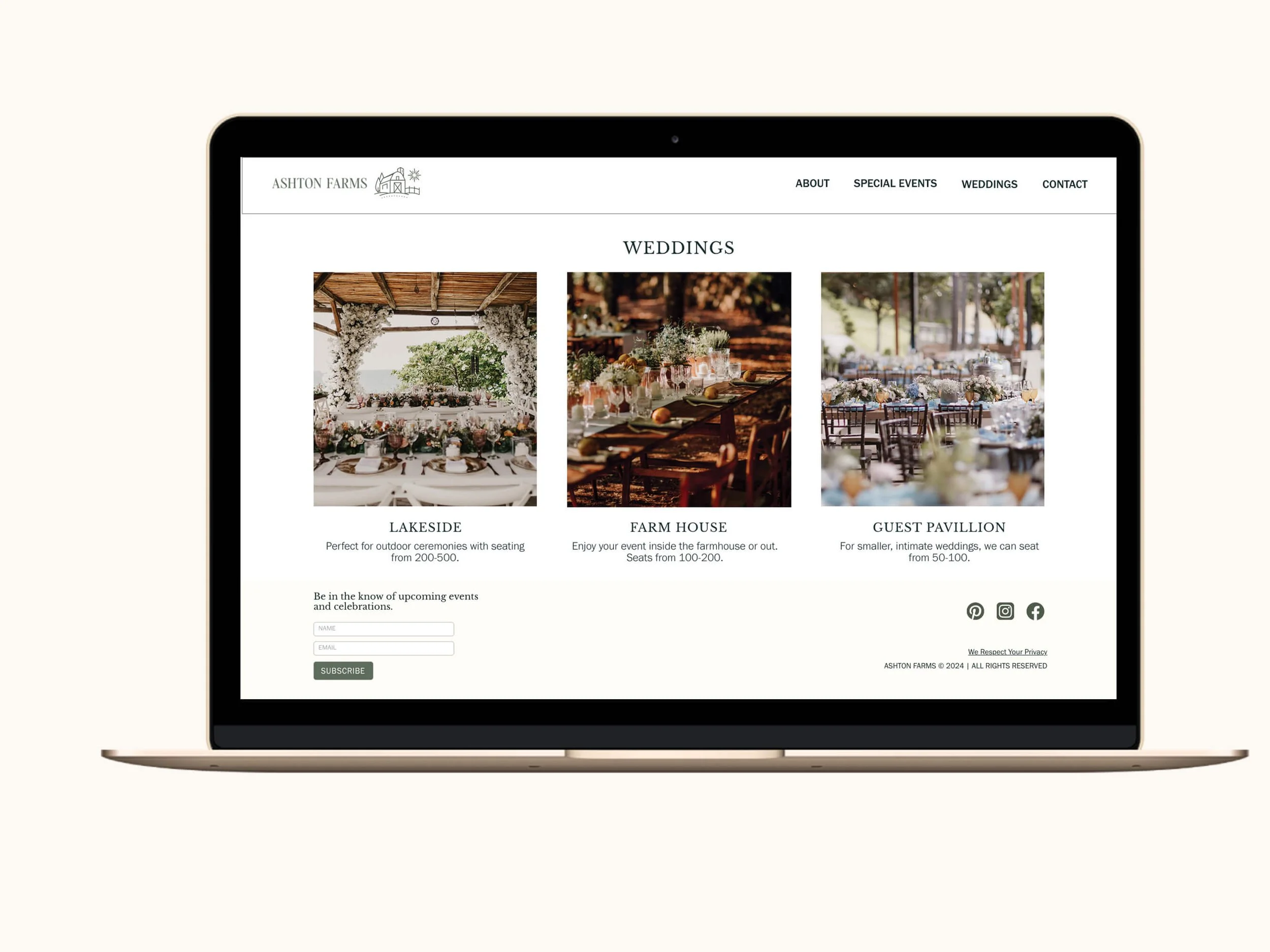 Screenshot of the Ashton Farms Weddings page displayed on a gold MacBook laptop, showing three venue options with photos, descriptions, and seating capacities, along with a newsletter signup form and footer.